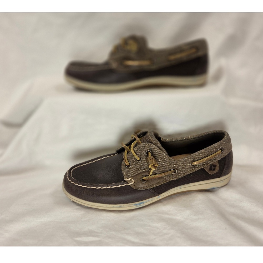 Sperry Top-Sider Boat Shoes Brown Leather Gold Sparkle Size 6.5M Slide Casual